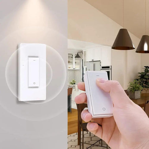 User holding remote for Smart Switch Kit for Single Pole Lighting With WiFi And RF Remote Wall Mount Works With Alexa And Google Assistant