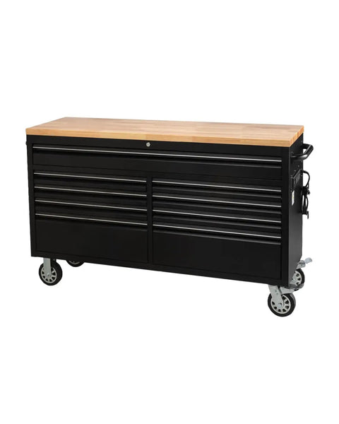 61-Inch Heavy-Duty Rolling Tool Chest And Mobile Workbench With 9 Drawers, Rubber Wood Tabletop, Key Locking System, Drawer Liners And Wheels, Steel Storage Cabinet For Garage And Workshop