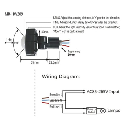 Diagram of 1 Piece PIR Motion Sensor Switch with Adjustable Detection Distance and Delay Time for Automatic Lighting control.