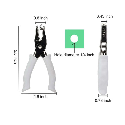 One Quarter Inch Circle Hole Puncher, Handy Handheld Paper Punch With Soft Grip Handle, detailed dimensions and hole size shown