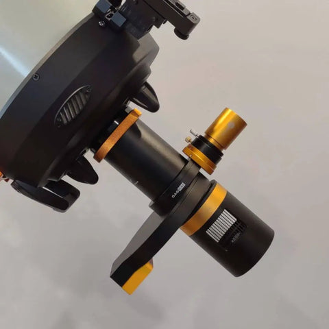 Close-up of Mono Astronomy Camera With IMX678 Sensor For Planetary Imaging And Auto Guiding attached to telescope.