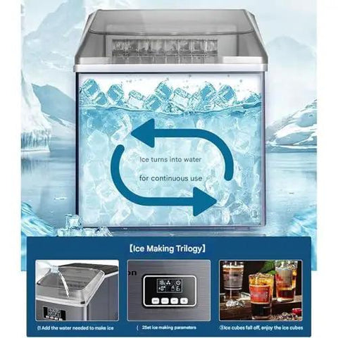 Countertop Ice Maker With Three Quick Pour Spouts And Lightning Freeze Tech For Counters Desks Or Bars Churning Out Crisp Cubes Around The Clock With Zero Fuss And Total Ease with visible ice and water cycle.