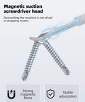 Magnetic suction screwdriver head holding two screws with illustration of magnetic force