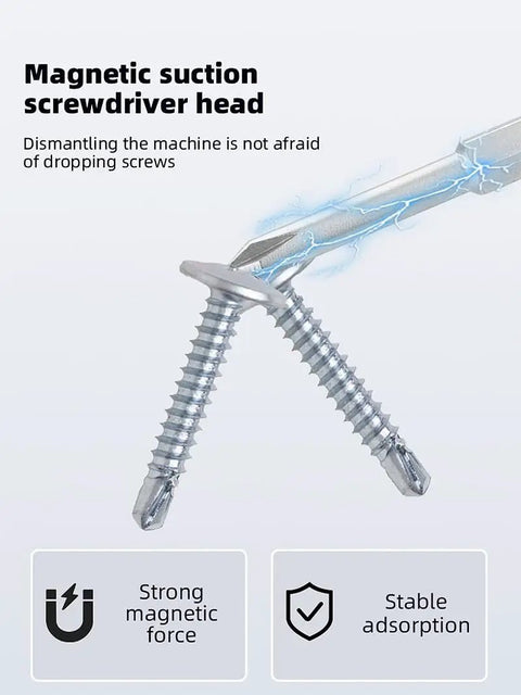 Magnetic suction screwdriver head holding two screws with illustration of magnetic force