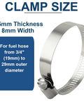 Front view of stainless steel worm-drive hose clamp with screw; 0.5mm thick, 8mm wide for fuel hose 3/4"–29mm OD