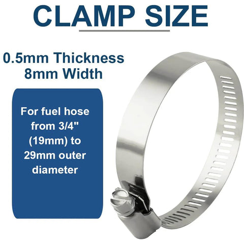 Front view of stainless steel worm-drive hose clamp with screw; 0.5mm thick, 8mm wide for fuel hose 3/4"–29mm OD