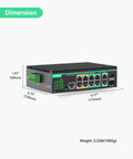 Dimensions of the Ultimate Industrial 12-Port L2+ Cloud Managed PoE Switch with Redundant DC8-57V Power Input; 6.77” wide, 4.72” deep, 1.97” tall.