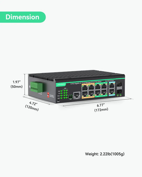 Dimensions of the Ultimate Industrial 12-Port L2+ Cloud Managed PoE Switch with Redundant DC8-57V Power Input; 6.77” wide, 4.72” deep, 1.97” tall.