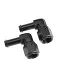 Female AN6 To Three Eighths Inch Hose Fittings With 90 Degree Swivel And Side Port Swivel Seal For Oil Fuel Water Gas And Air Lines Rugged Aluminum Black 2 Pack, two black elbow fittings