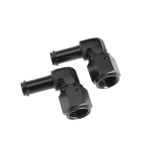 Female AN6 To Three Eighths Inch Hose Fittings With 90 Degree Swivel And Side Port Swivel Seal For Oil Fuel Water Gas And Air Lines Rugged Aluminum Black 2 Pack, two black elbow fittings
