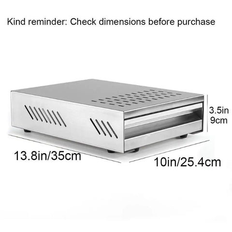 Straight Fire Heavy Duty Stainless Steel Coffee Knock Box With Deep White Drawer Smooth For Espresso Tamping Station And Used Grounds Container Top Shelf Barista Gear dimensions: 13.8in x 10in x 3.5in.