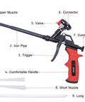 Spray Foam Gun With PTFE Coated Barrel For Easy Anti Clog Application Expanding Foam Sprayer With labeled parts, red handle