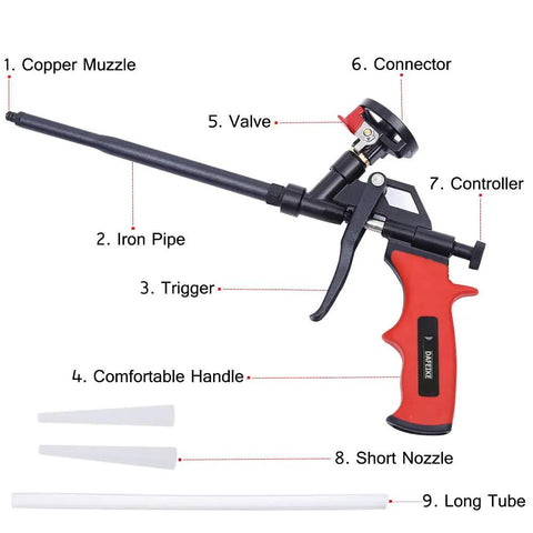 Spray Foam Gun With PTFE Coated Barrel For Easy Anti Clog Application Expanding Foam Sprayer With labeled parts, red handle