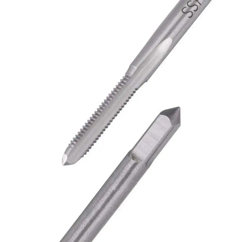 Close-up of 10 Piece Micro Tap Set Metric Thread Taps M1 To M3.5 showing detailed threading and cutting edge for small DIY projects