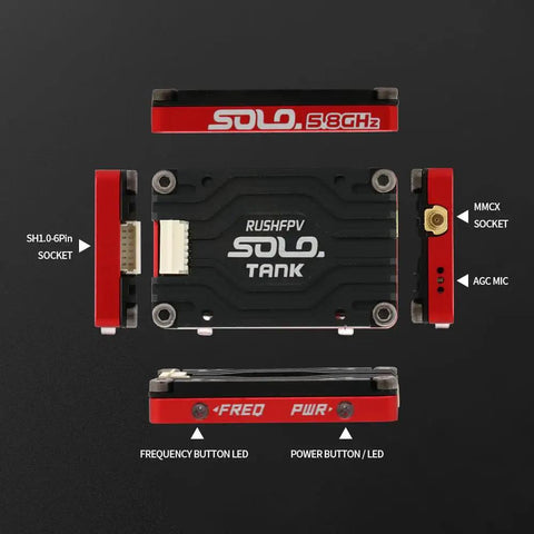 Top view of Solo Tank 5.8G VTX Video Transmitter with labeled CNC shell connectors and buttons for RC FPV long-range drone, 48CH.