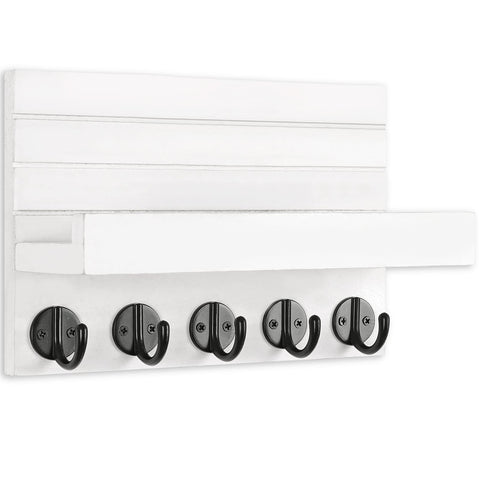 Solid Paulownia Wood Wall Mounted Key And Mail Holder Shelf With Heavy Duty Hooks For Coats Bags And Keys, white design.