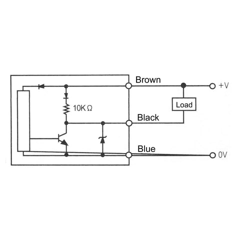 Wiring diagram for Three Pack Inductive Proximity Sensor Switch Detector, DC 5 To 30V, 3 Wire, NPN NO Output, 10mm Sensing Range.