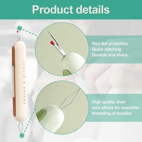 2024 Upgrade 2 In 1 Needle Threader And Seam Ripper Kit for sewing enthusiasts, green, showing compact design and metal threading wire.