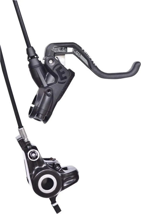 Trail Sport Dope 4-Piston Hydraulic Disc Brake Set With 1-Finger HC Lever, black Carbotecture aluminum housing, front view.