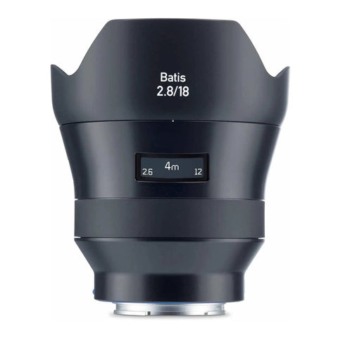 Batis 18mm F/2.8 Wide Angle Lens For Sony E Mount Full-Frame Cameras with OLED readout, weatherproof design, front view.