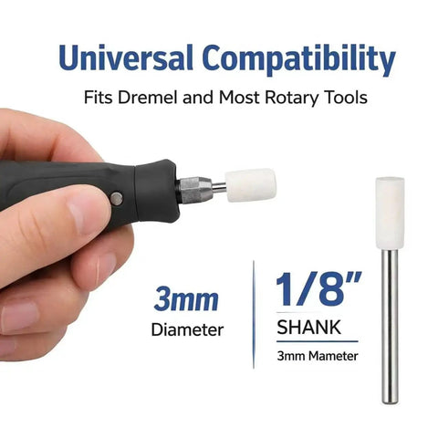 Buffing Wheel Polishing Bits Kit For Rotary Tools One Eighth Inch Shank 20 Piece Set displayed with rotary tool compatibility