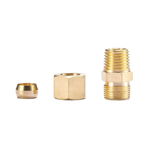 Brass compression tube fittings set, 1/4 in OD to 1/4 in NPT male straight connectors, 3-piece display