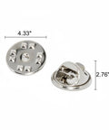 Premium Lock Pin Backs For Lapel Pins Nickel Plated Brass 50 Pack shown with dimensions 4.33" and 2.76" for secure attachments.