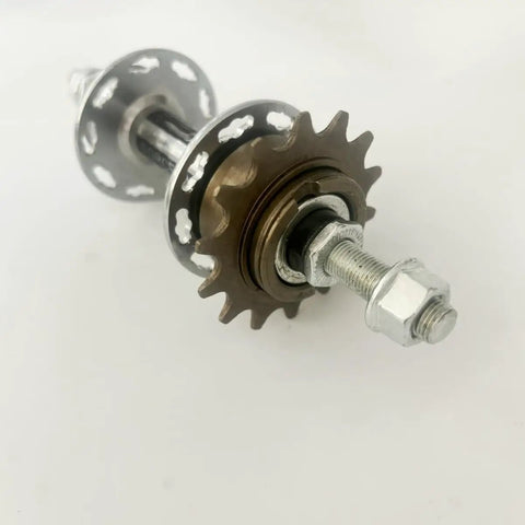 Rear Disc Brake Compatible 36 Hole Bicycle Hub For Disc Wheel Sets with nut, 36-hole pattern, and 14T flywheel shown in side view