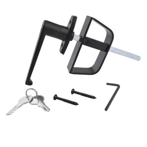 L-handle lock set with screws and keys, part of the Complete Shed Door Hardware Kit With 6 Inch T Hinges Latches And L Handle Lock Includes Heavy Duty Barrel Bolts And Screws For Secure Easy Installation On Sheds Gates Barns Playhouses Chicken Coops And More.
