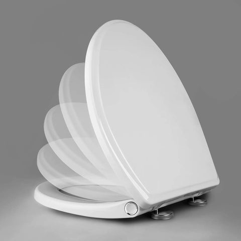Elongated Toilet Seat With Cover Oval Quiet Close One Click Release For Easy Cleaning And Quick Removal No Tools Needed Easy Install Stable Non Slip Hinge Slow Close White shown in slow motion close