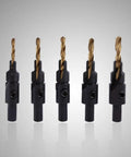 Premium HSS Coated Chamfer Drill Bit Set Packed With Five Countersink Assortments, showing various drill sizes and designs.