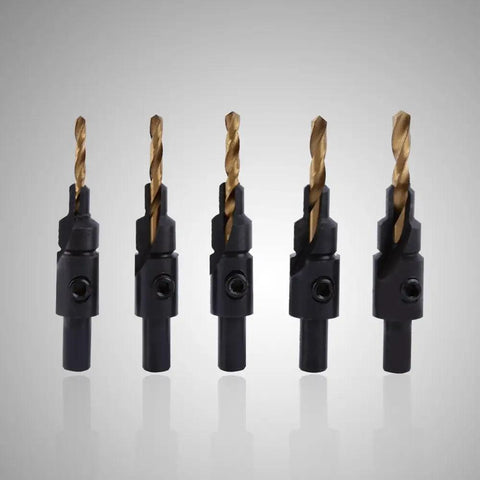 Premium HSS Coated Chamfer Drill Bit Set Packed With Five Countersink Assortments, showing various drill sizes and designs.
