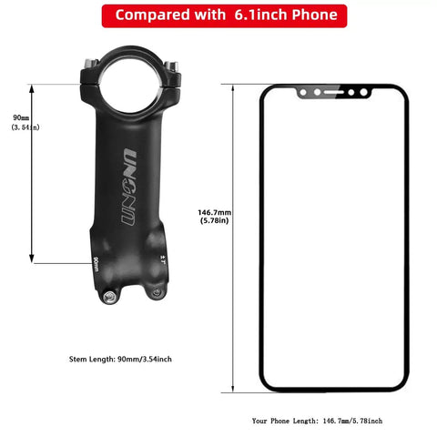 Lightweight 7 Degree Mountain Bike Stem 90mm for 25.4mm and 31.8mm Handlebar Diameters compared with 6.1 inch phone