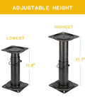 Adjustable Boat Seat Pedestal 11.5 to 17.5 Inches, Black Powder Coat, Non-Rotating Mount Built for Custom Height Seating, Works With Standard Seat Swivels for 360 Degree Rotation, Durable Marine Hardware showing lowest and highest height