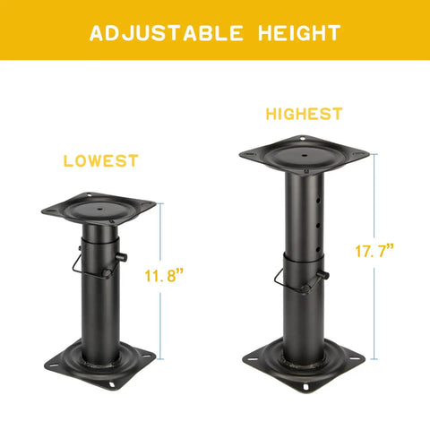Adjustable Boat Seat Pedestal 11.5 to 17.5 Inches, Black Powder Coat, Non-Rotating Mount Built for Custom Height Seating, Works With Standard Seat Swivels for 360 Degree Rotation, Durable Marine Hardware showing lowest and highest height