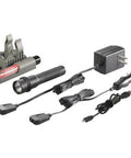 Strion LED 375 Lumen Compact Rechargeable Flashlight With Dual Voltage Charger and cables displayed on white surface