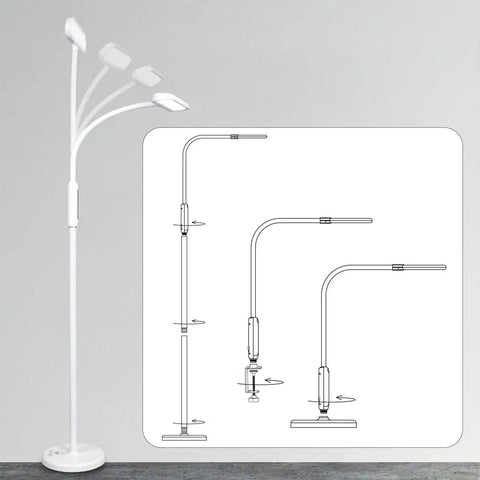 Three In One LED Floor Lamp Desk Lamp Clamp On With Remote Control Dimmable depicted in different configurations against grey wall
