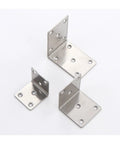 Rock Solid Eight Piece Stainless Steel L Shape Corner Brackets For Heavy Duty Shelving With Kickass Load Bearing Power That Keeps Every Workshop Setup Locked Down Tight, showing three bracket sizes.