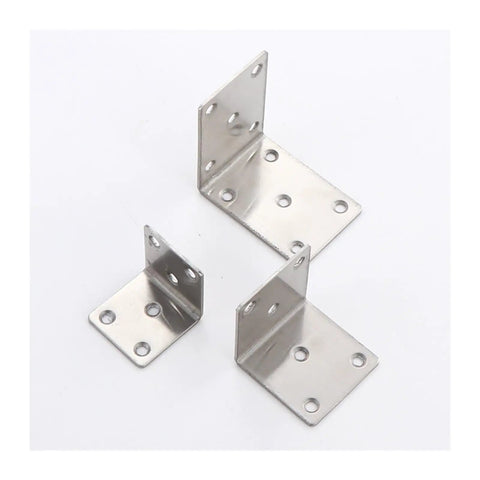 Rock Solid Eight Piece Stainless Steel L Shape Corner Brackets For Heavy Duty Shelving With Kickass Load Bearing Power That Keeps Every Workshop Setup Locked Down Tight, showing three bracket sizes.