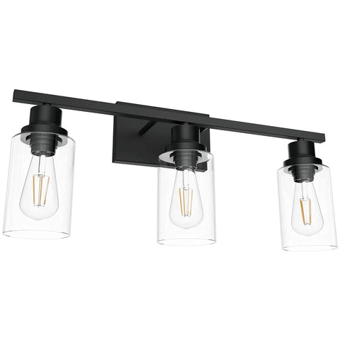 Matte Black 3 Light Vanity Light Fixtures With Clear Glass Shade, Industrial Style Bathroom Lighting, Wall Mount Sconce