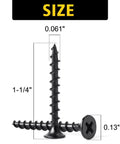 Tough As Nails Black Wood Screws For Drywall And Sheetrock Flat Head Coarse Thread Design Phillips Drive shown with size dimensions 1-1/4 inch.