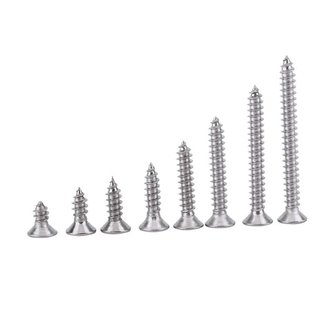 Premium 304 Stainless Steel M3 Self Tapping Screws 200 Piece Pan Head Fastener Kit arranged by size, showcasing various lengths.
