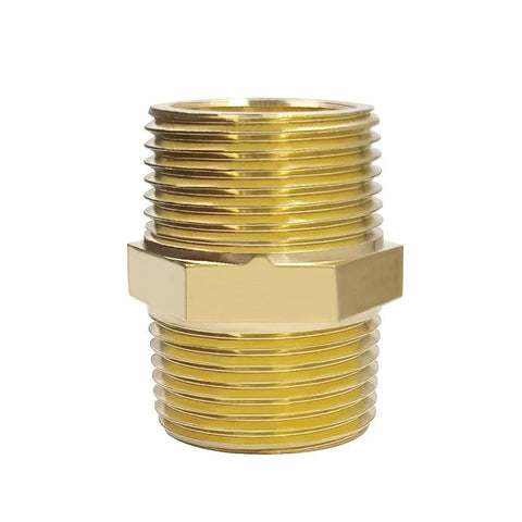 Brass hex nipple pipe fittings, 3/4 NPT male threads, durable and corrosion-resistant connector for plumbing and water systems.