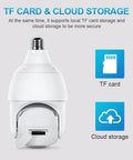 Light Bulb Security Camera 2K 4MP Outdoor Waterproof With 360 Degree View showing TF card and cloud storage options.