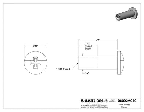 Professional Grade Steel Binding Barrels With 10 24 Thread Size And Badass Three Quarter Inch Truss Head Female Barrel Nut Zinc Plated Rust Proof Custom Hardware Mod Piece Built Tough dimensions diagram with thread size and depth details.