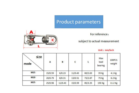 Stainless Steel Wire Rope Crane Pulley Block M25 With Swivel Hook Single Pulley Wheel For Lifting And Hoisting Heavy Duty Towing And Rigging Rust Resistant And Durable 360 Degree Rotation Set Of Four, product parameter chart