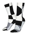 Game Changing Compression Socks For Men And Women Rocking A Dope Black And White Piano Plate Grid Pattern, moisture wicking, athletic gear.
