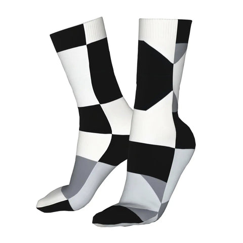 Game Changing Compression Socks For Men And Women Rocking A Dope Black And White Piano Plate Grid Pattern, moisture wicking, athletic gear.