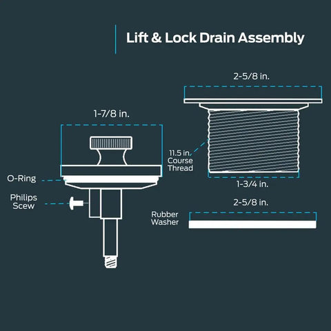 kousoer Bathtub Drain Plug Matte Black with Supplied Faceplate Screws dimensions and features illustration including parts