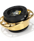Gen 2.0 Steering Wheel Quick Release Kit Adapter with black body and chrome gold cutout ring, bolts not visible
